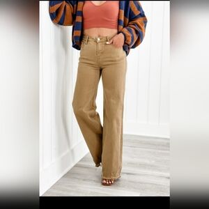 NWT Risen high rise Khaki distressed hem wide leg size 5